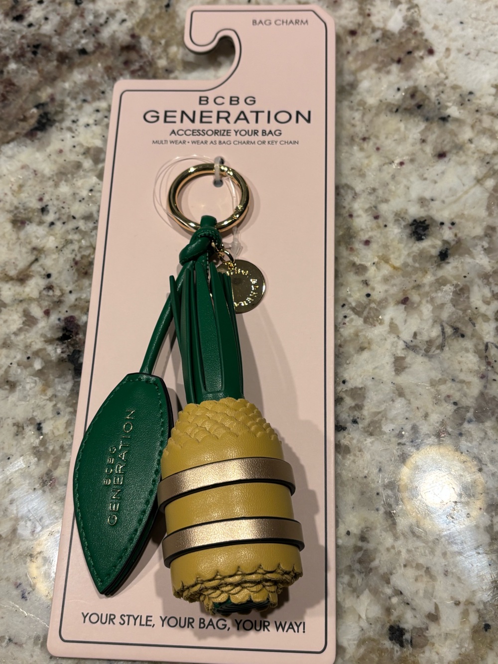 NWT BCBGeneration 3D Pineapple Bag Charm Yellow Green Faux Leather Keychain Gold - Picture 4 of 8